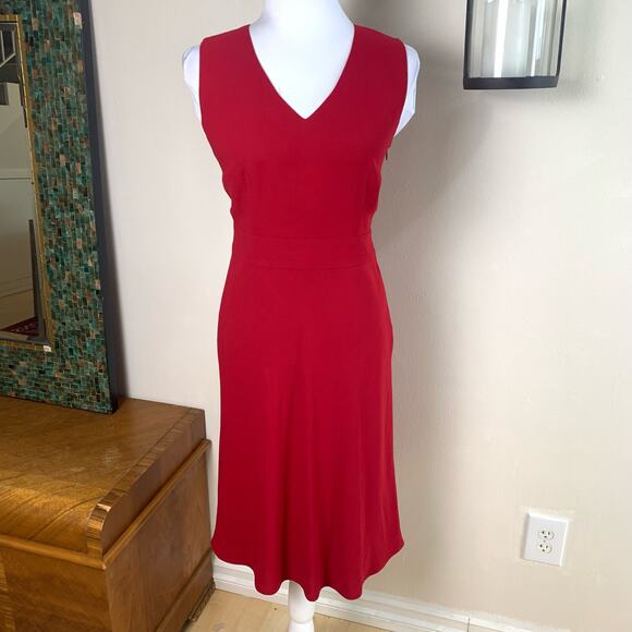 Ann Taylor LOFT Size 6 Wool Midi Dress Red V-Neck Sleeveless Holiday - Picture 2 of 8